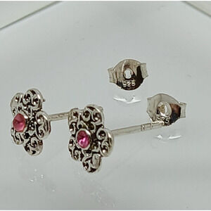 Vintage Estate Jewelry NOS .925 Sterling Silver Pink Crystal‎ Flower Earrings
